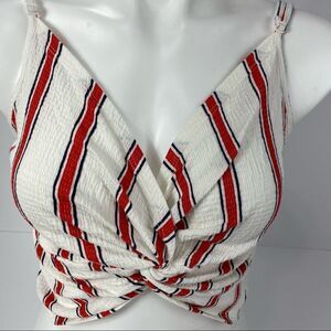 Love Tree Crop Top Waffle Knit Knotted Front Stripe Red White Blue NWOT L